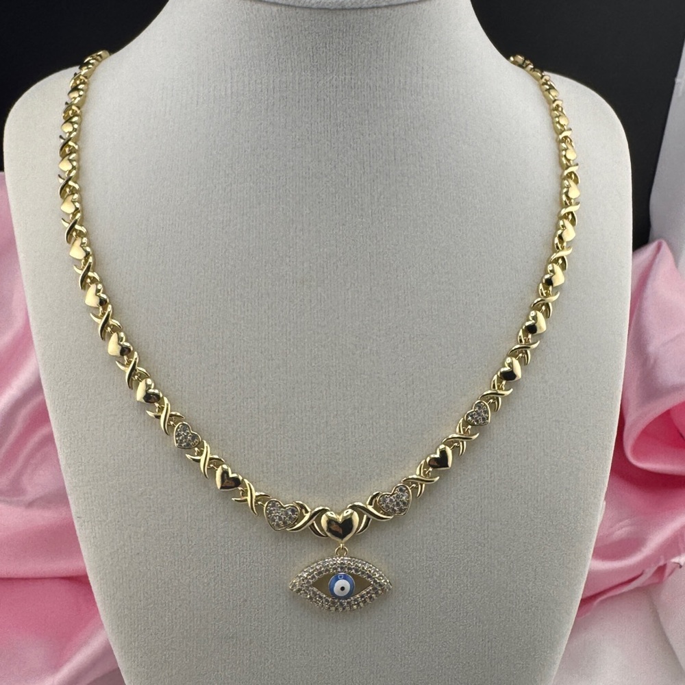 Gold Yellow Gold Plated Heart Link Chain Necklace with Evil Eye Charm‎ Pendant